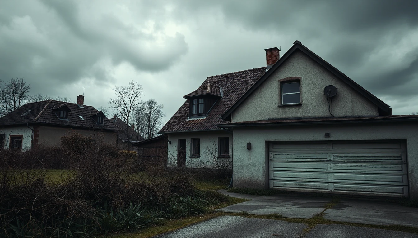KI-Symbolbild: Ein verwittertes Einfamilienhaus mit geschlossener Garage und verwildertem Garten unter dunklen Wolken.
