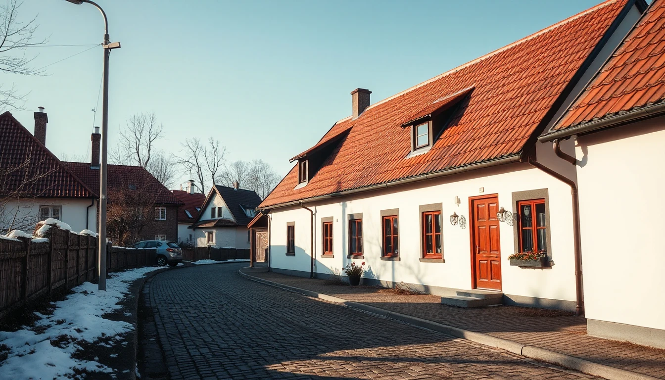 KI-Symbolbild: Ein renoviertes Haus mit rotem Ziegeldach an einer Kopfsteinpflasterstraße an einem klaren Wintermorgen.