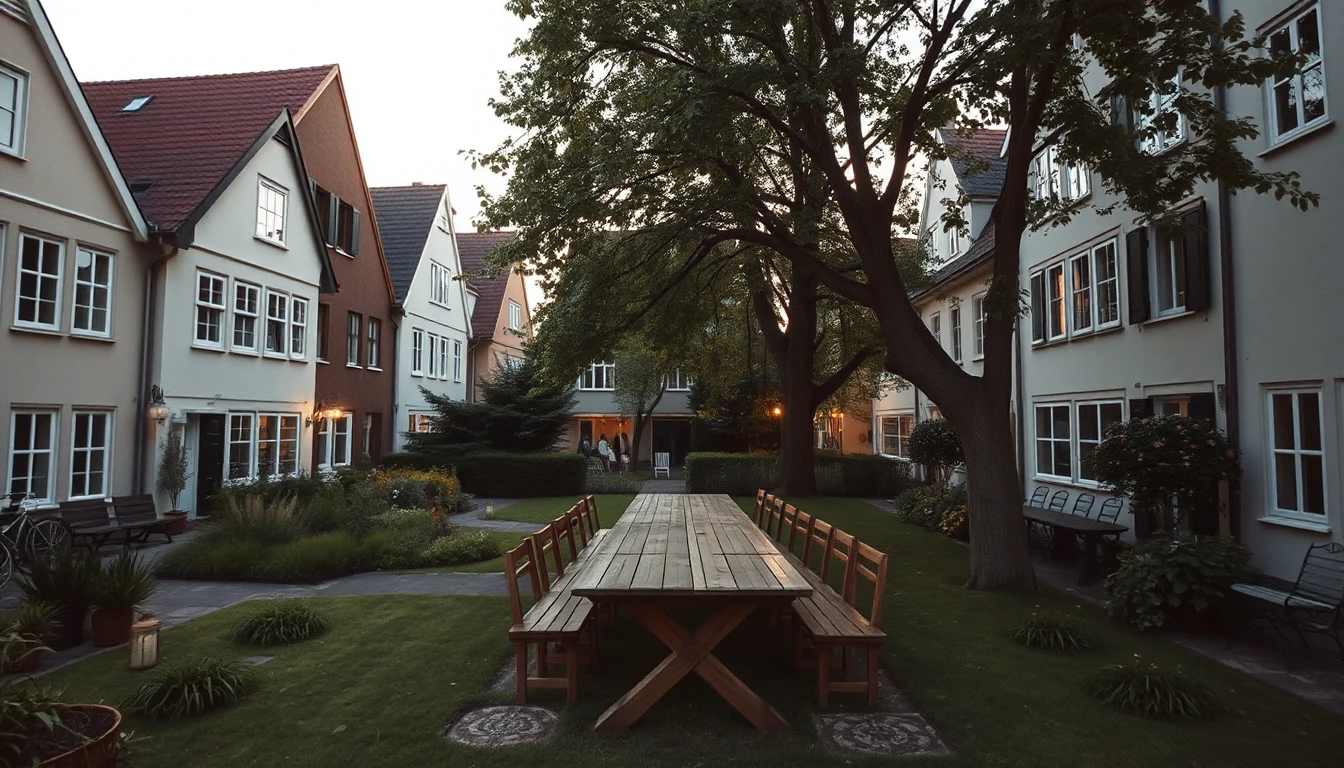 KI-Symbolbild: Ein langer Holztisch unter einem Baum im gemeinsamen Garten mehrerer Reihenhäuser am Abend.
