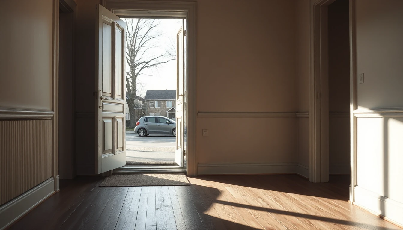 KI-Symbolbild: Ein leerer Hausflur mit Holzdielen und offener Haustür zur sonnigen Straße.