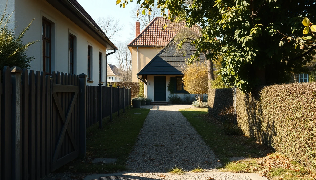 KI-Symbolbild: Ein Kiesweg führt zwischen Holzzaun und Hecke an einem hellen Haus vorbei zu einer Seitentür im Herbstlicht.