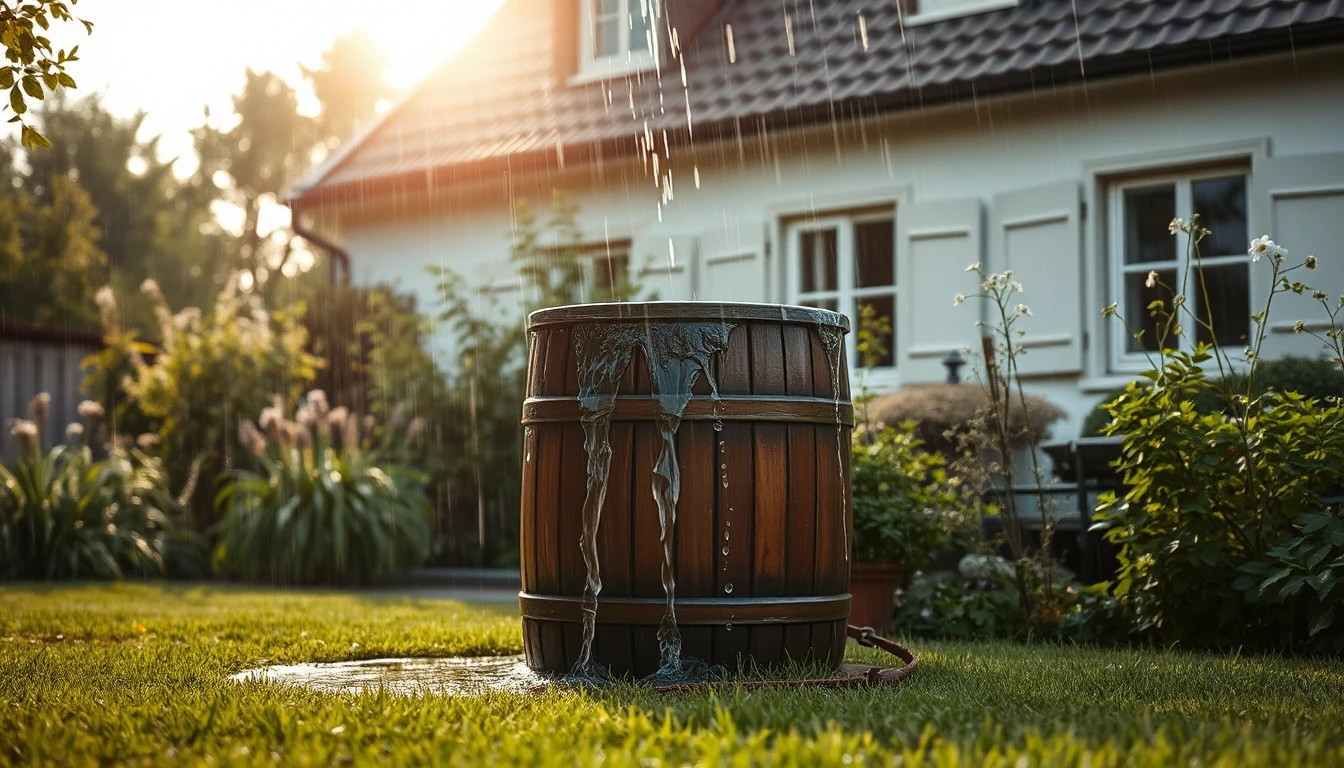 KI-Symbolbild: Ein hölzernes Regenfass läuft im Garten vor einem Haus über, während nach dem Schauer die Sonne durchkommt.