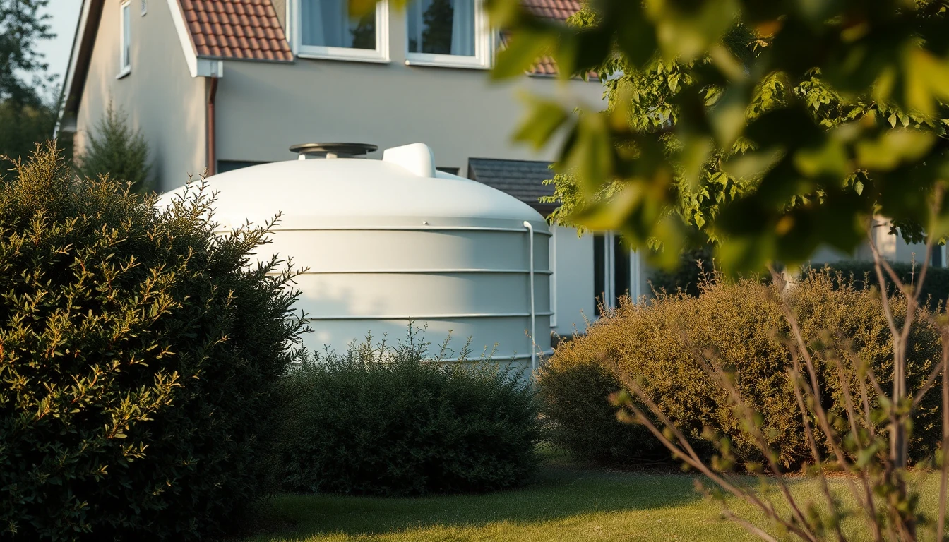 KI-Symbolbild: Ein großer weißer Flüssiggastank steht zwischen Sträuchern im Garten vor einem Wohnhaus.