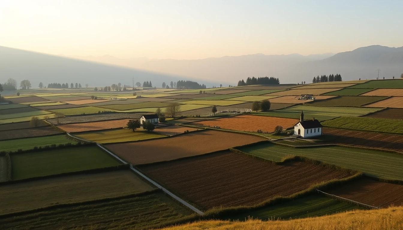 KI-Symbolbild: Kleine Acker- und Wiesenparzellen mit einer weißen Kapelle liegen in einem Tal vor Bergen im Morgendunst.