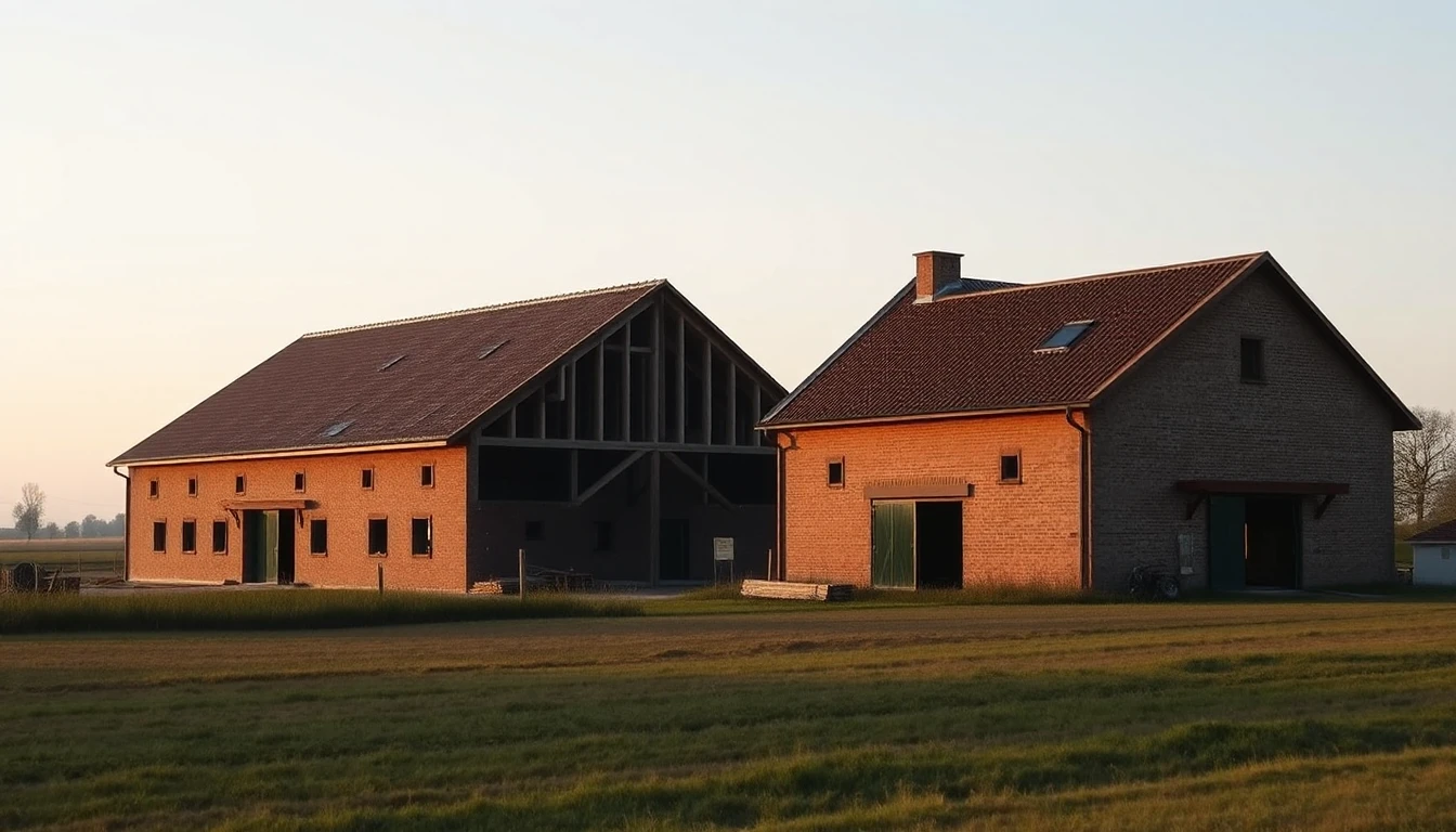 KI-Symbolbild: Neben einer alten Backsteinscheune steht ein neuer Scheunenbau im Rohbau auf offenem Feld im Abendlicht.