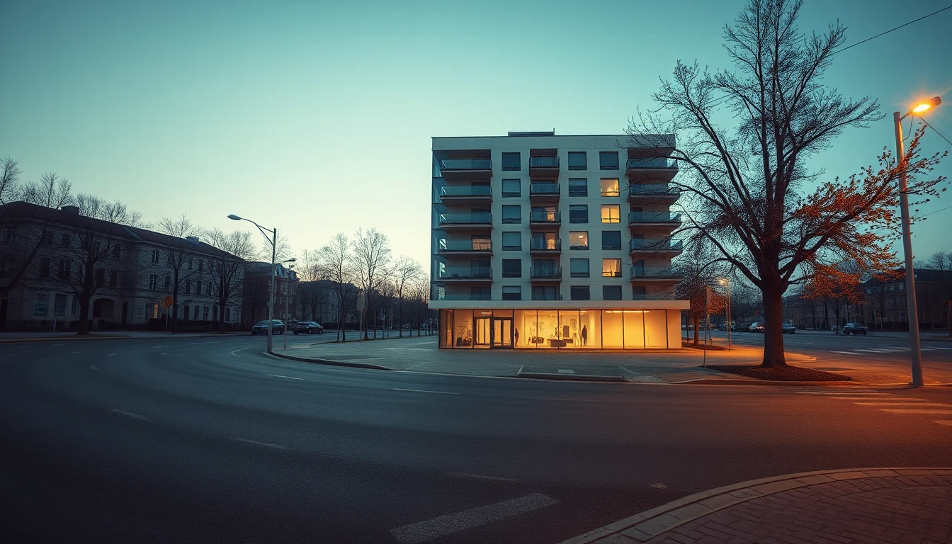 KI-Symbolbild: Ein einzelnes modernes Wohnhaus mit beleuchtetem Glaserdgeschoss steht am Abend an einer leeren Straßenecke.