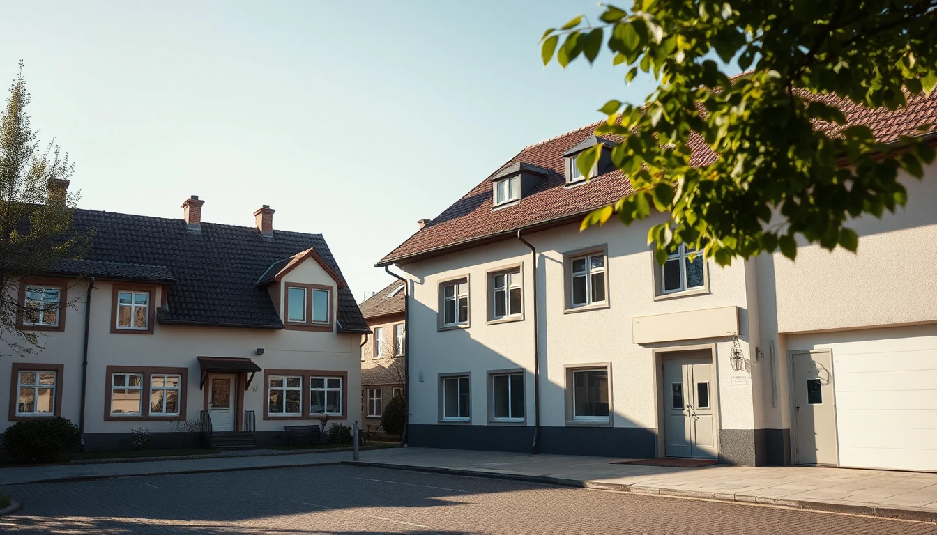 KI-Symbolbild: Ein Wohnhaus steht direkt neben einem hellen Betriebsgebäude mit Rolltor an einer kleinstädtischen Straße.