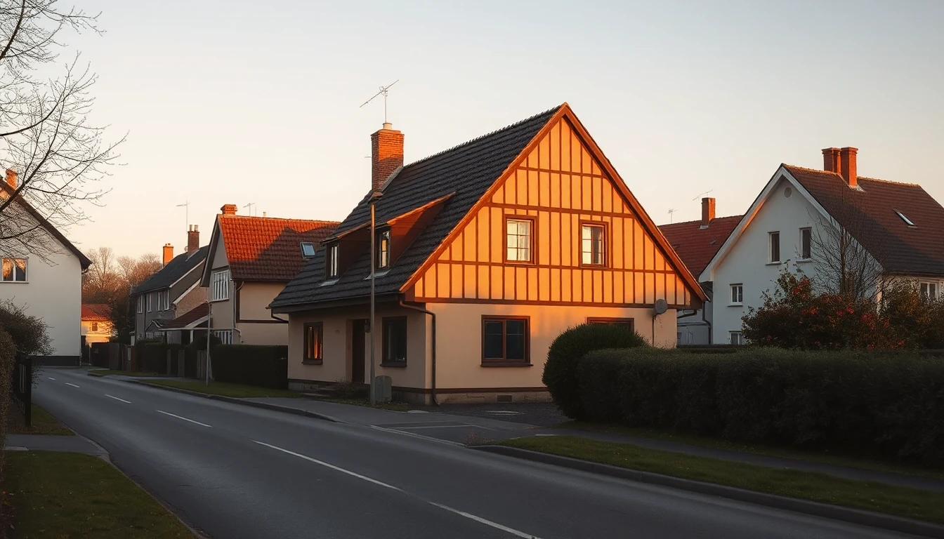 KI-Symbolbild: Ein freistehendes Einfamilienhaus mit Fachwerkgiebel steht im goldenen Abendlicht an einer Dorfstraße.