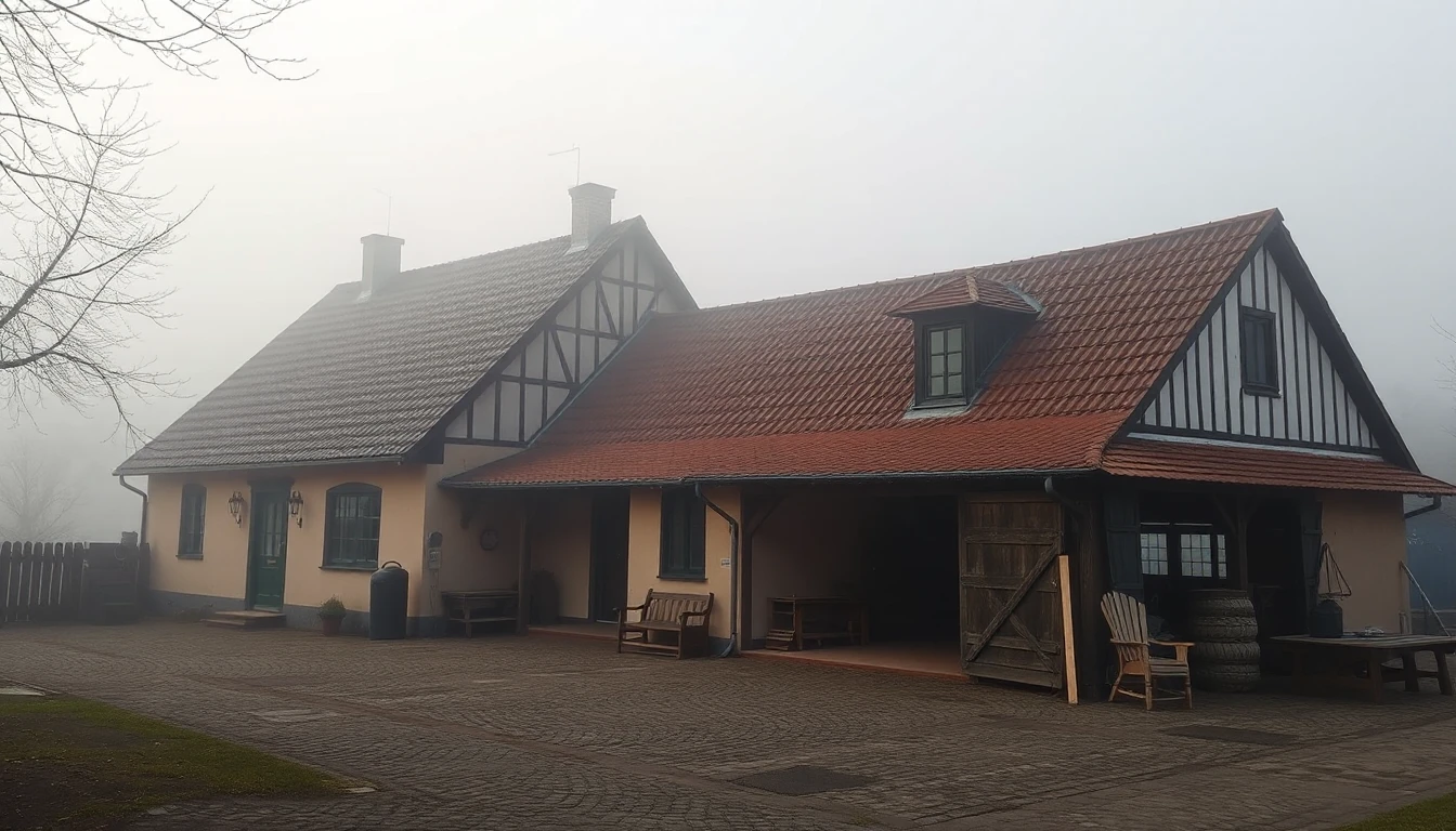 KI-Symbolbild: Ein Bauernhaus mit angebautem ehemaligem Stall liegt an einem gepflasterten Hof im Morgennebel.