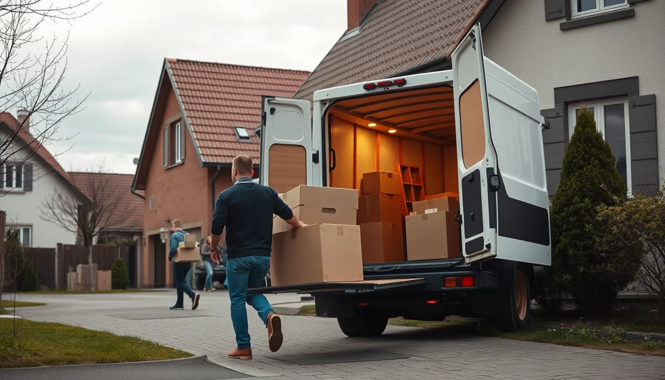 KI-Symbolbild: Ein Mann trägt von hinten gesehen neutrale Umzugskartons zu einem offenen Transporter vor einem Wohnhaus.