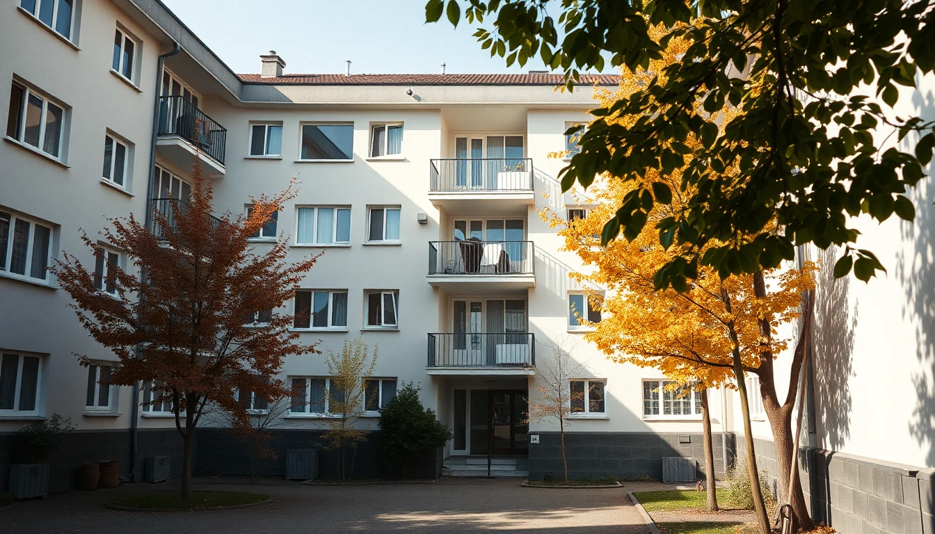 KI-Symbolbild: Ein sanierter Wohnblock mit heller Fassade, neuen Fenstern und Balkonen steht hinter Herbstbäumen im Innenhof.
