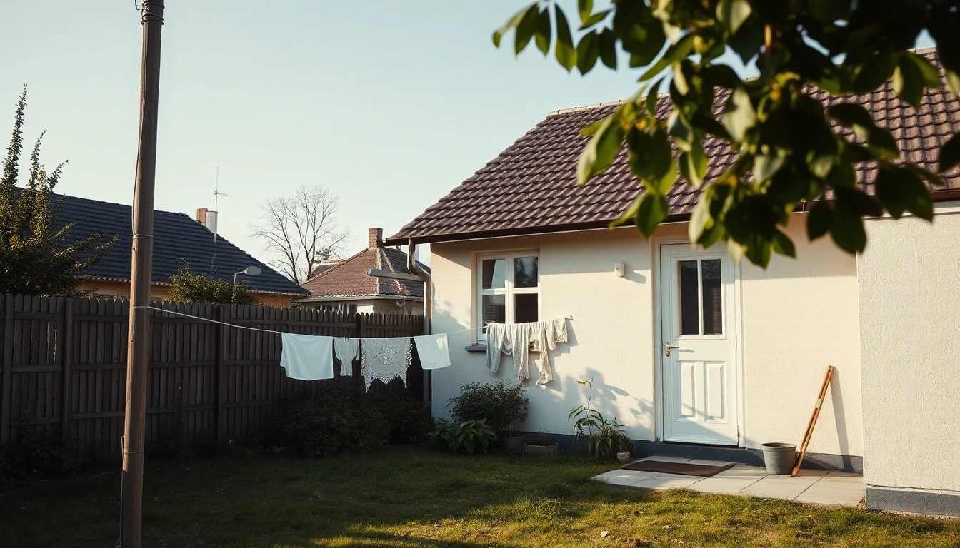 KI-Symbolbild: Ein schlichtes kleines Haus mit Garten und Wäscheleine liegt an einem ruhigen Vormittag am Ortsrand.