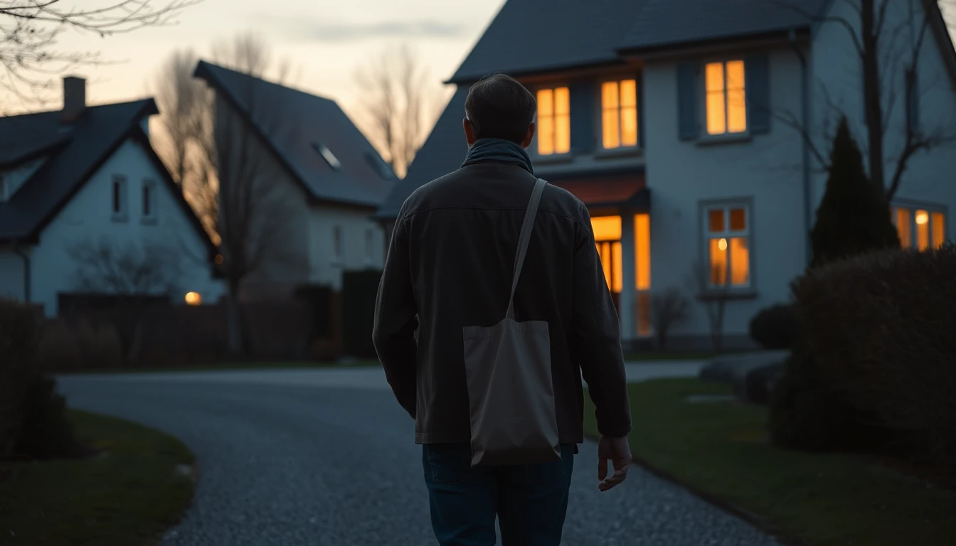 KI-Symbolbild: Ein Mann geht von hinten gesehen mit einer Stofftasche über die Einfahrt eines Familienhauses in der Dämmerung.