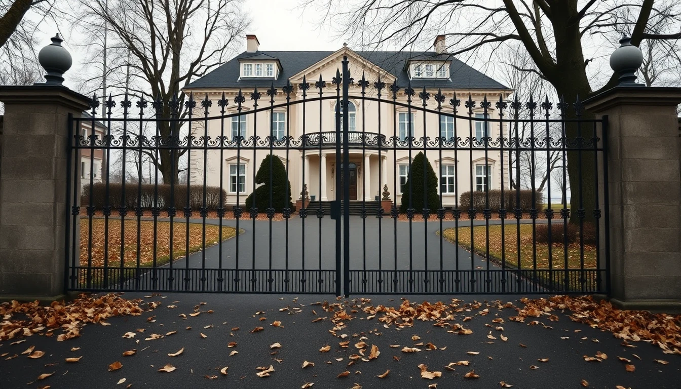 KI-Symbolbild: Hinter einem geschlossenen schmiedeeisernen Tor steht eine helle Villa, Laub liegt auf der Zufahrt.