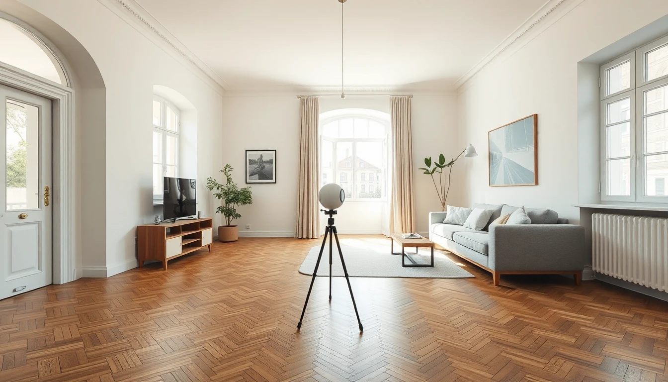 KI-Symbolbild: Eine kugelförmige Panoramakamera steht auf einem Stativ mitten in einem hellen Altbau-Wohnraum mit Fischgrätparkett, Sofa und hohen Fenstern.