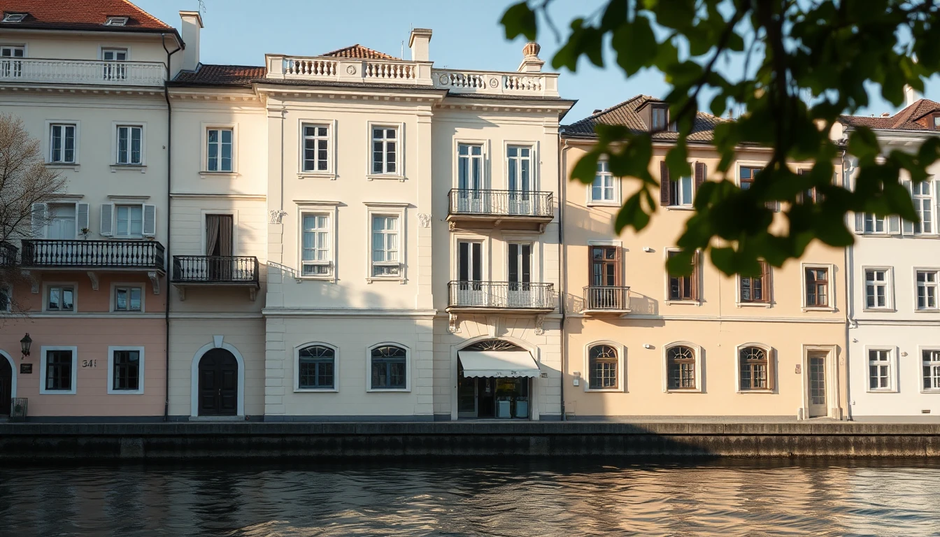 KI-Symbolbild: Pastellfarbene Altstadthäuser mit Balkonen an einem Flussufer, im Vordergrund das Wasser und Laub.