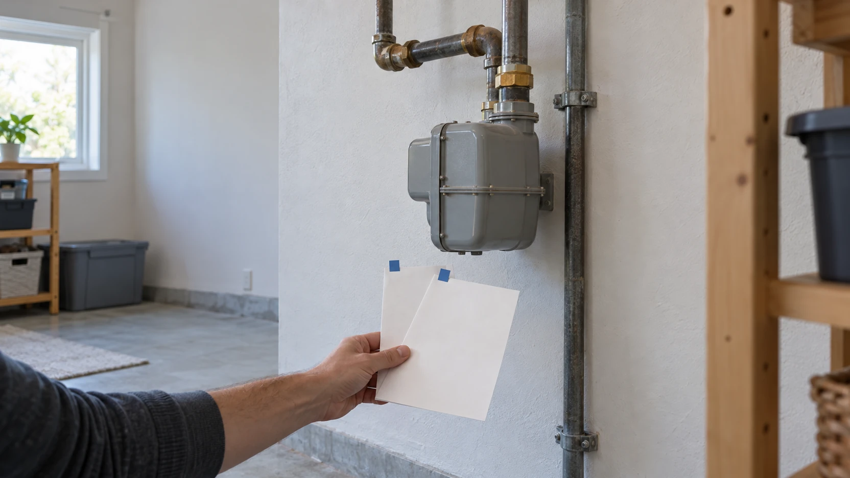 KI-Symbolbild: Ein Gaszähler mit verdecktem Anzeigefenster wird zusammen mit Abrechnungsunterlagen dokumentiert.