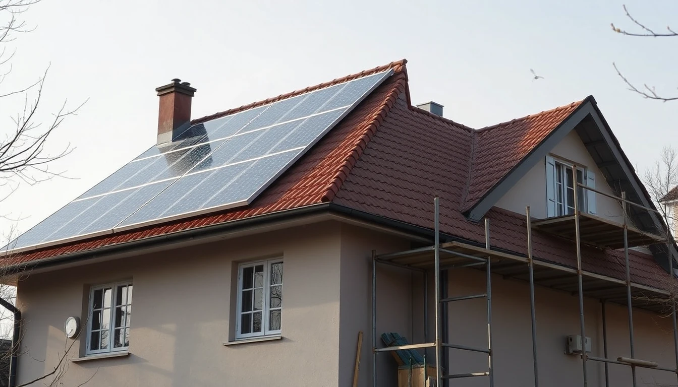 KI-Symbolbild: Ein Hausdach mit neu montierten Solarmodulen, an der Seite steht noch ein Baugerüst.