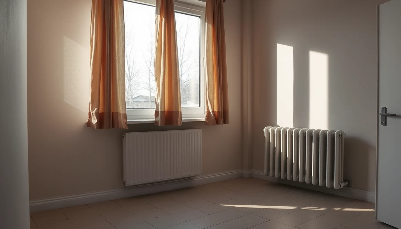 KI-Symbolbild: Ein leerer Wohnraum im Winterlicht mit halb zugezogenen Vorhängen, zwei Heizkörpern und Lichtstreifen an der Wand.