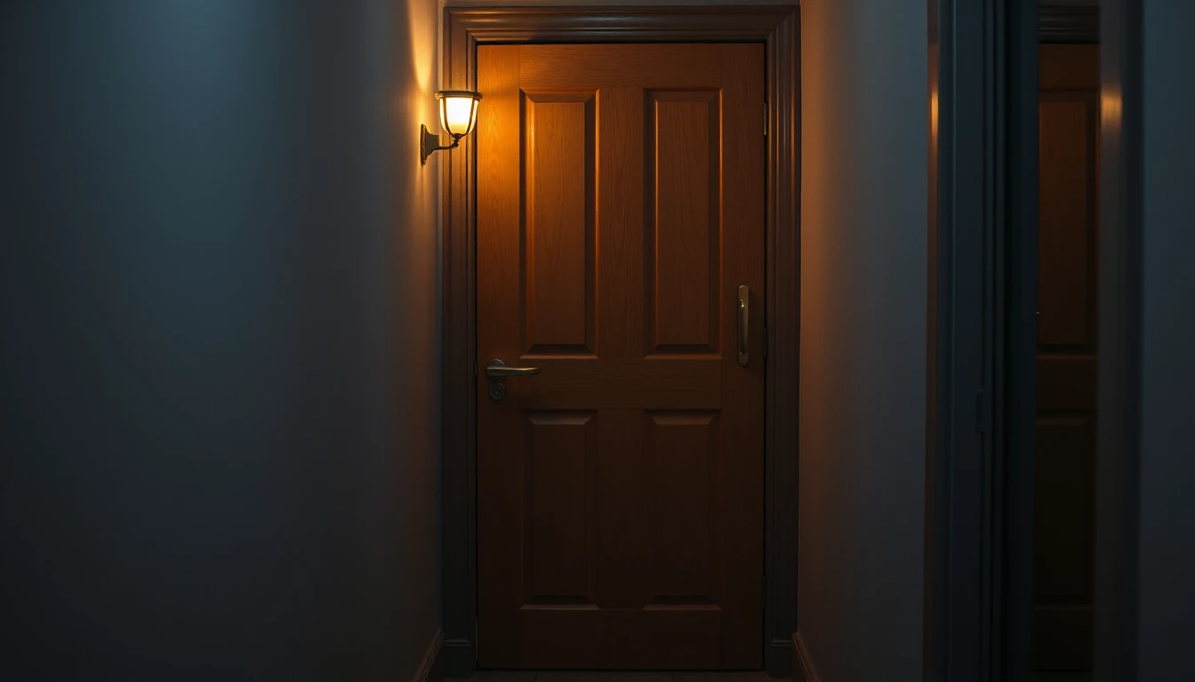 KI-Symbolbild: Eine geschlossene Holz-Wohnungstür in einem dunklen Flur, daneben eine warm leuchtende Wandlampe.