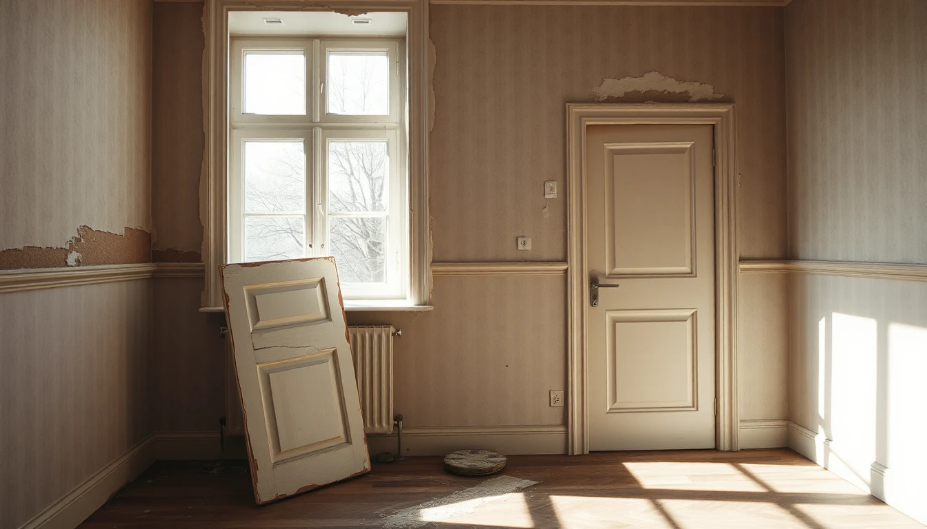 KI-Symbolbild: Ein Altbauzimmer in Renovierung mit abgelöster Tapete, frischen Putzstellen und einer an die Wand gelehnten Innentür.