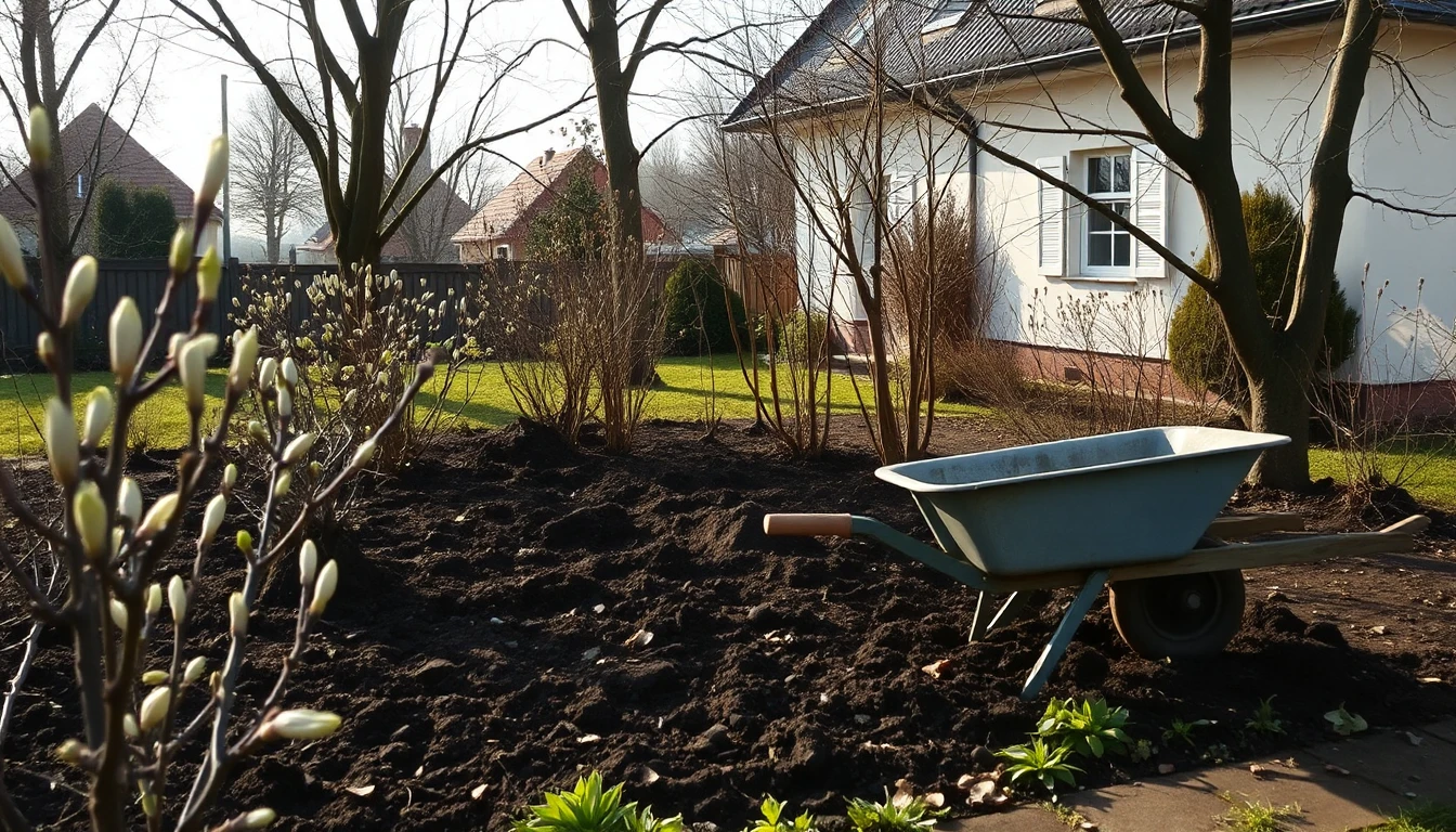 KI-Symbolbild: Ein frisch umgegrabenes, leeres Gartenbeet im Frühling mit einer Schubkarre, Knospen an den Sträuchern und einem Haus im Hintergrund.