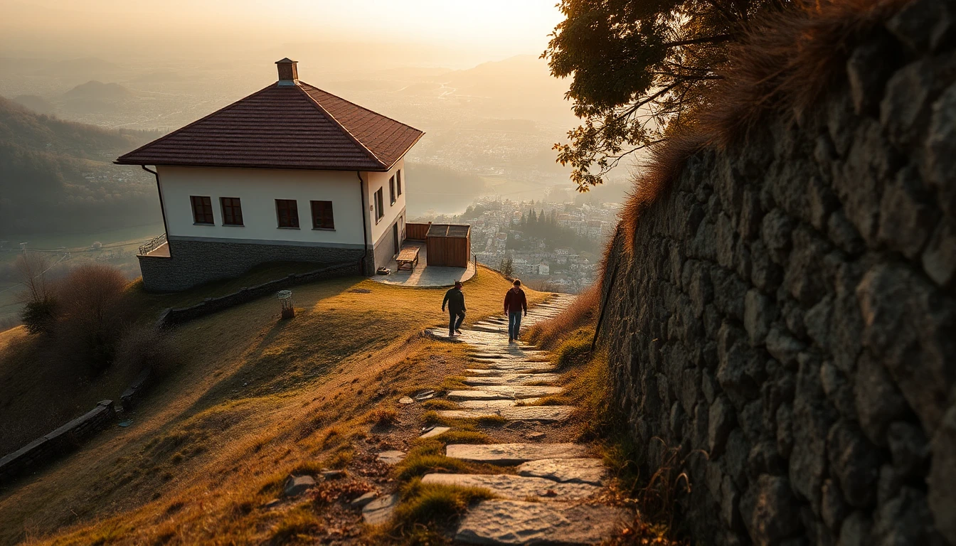 KI-Symbolbild: Ein gepflasterter Weg führt einen Hang hinauf zu einem Haus über einer Kleinstadt im Tal, zwei Personen gehen klein von hinten bergauf.