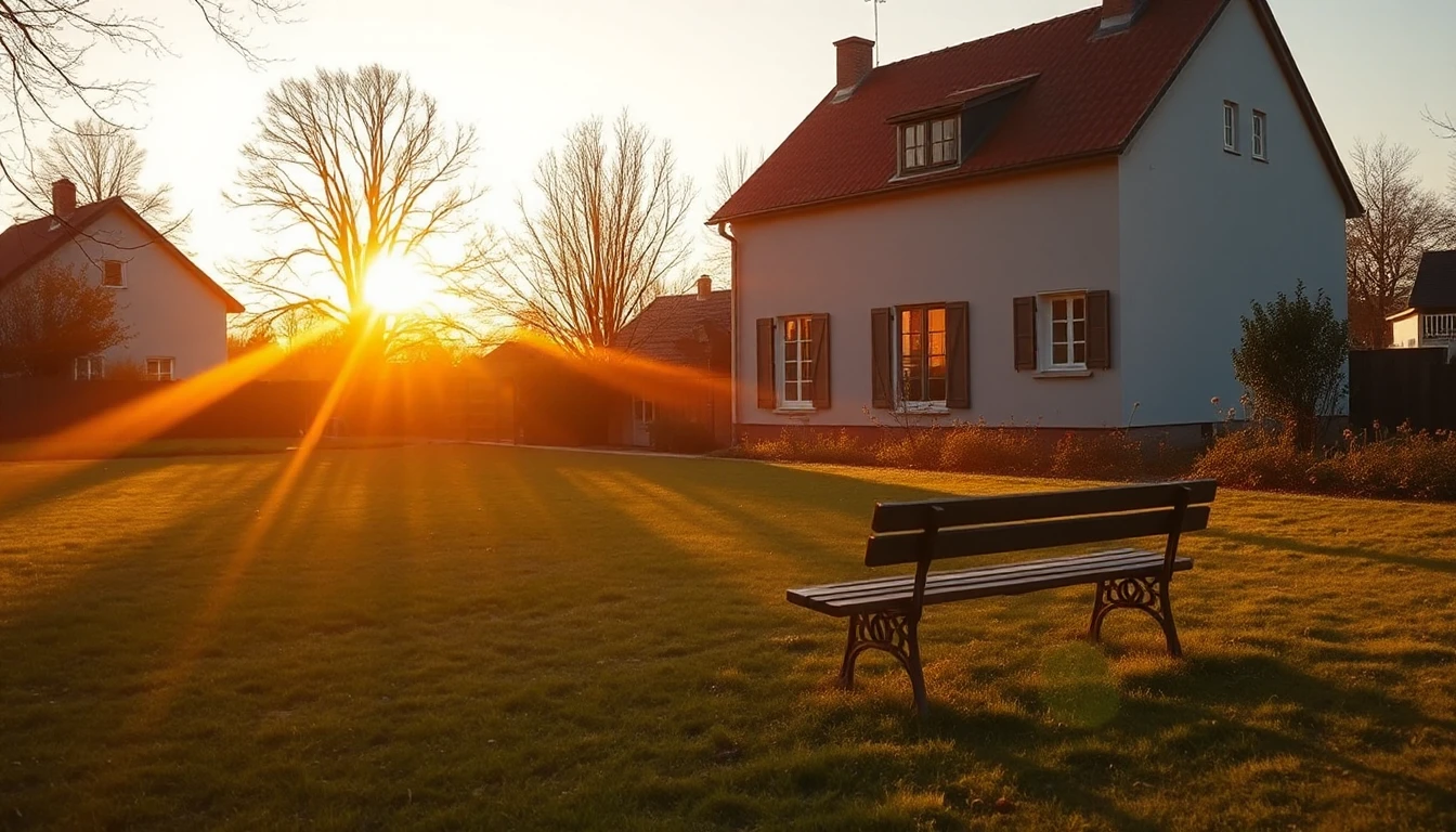 KI-Symbolbild: Ein Einfamilienhaus bei Sonnenaufgang, davor eine einzelne Gartenbank auf dem Rasen mit langen goldenen Schatten.