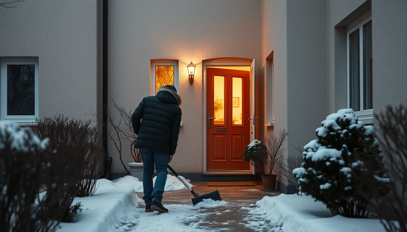 KI-Symbolbild: Eine Person räumt von hinten gesehen den ersten Schnee vom Weg vor einem Reihenhaus mit warm beleuchteter Haustür.