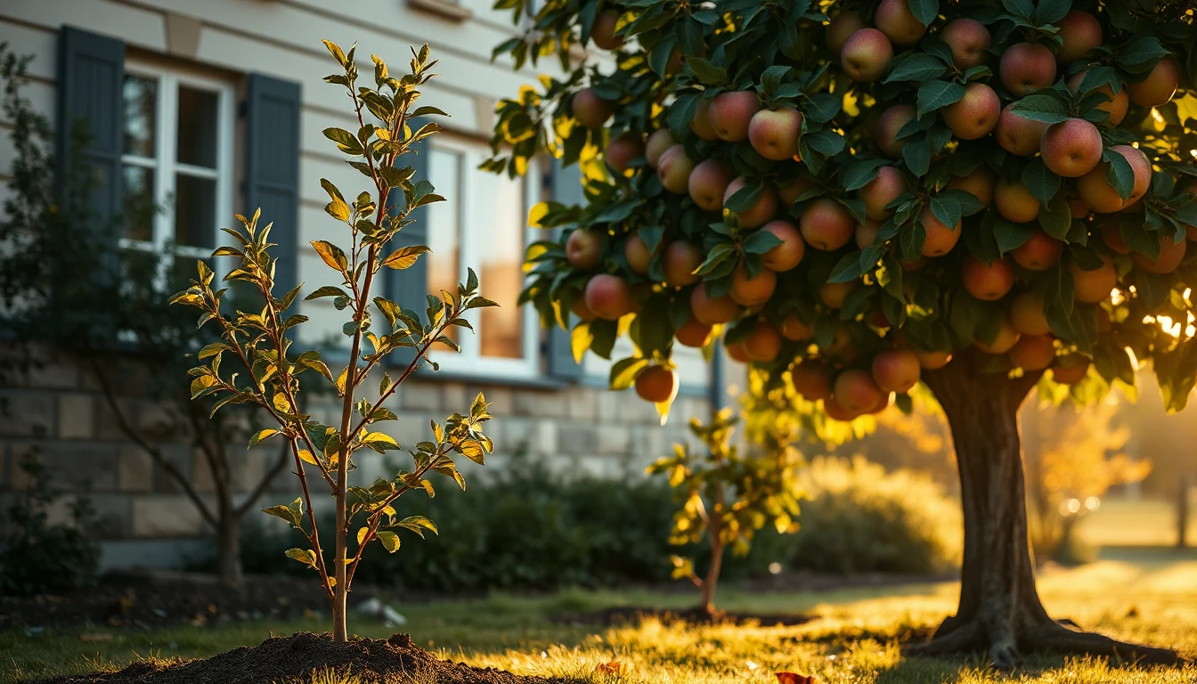 KI-Symbolbild: Ein frisch gepflanzter junger Obstbaum neben einem großen Apfelbaum voller reifer Früchte vor einem Haus im goldenen Herbstlicht.