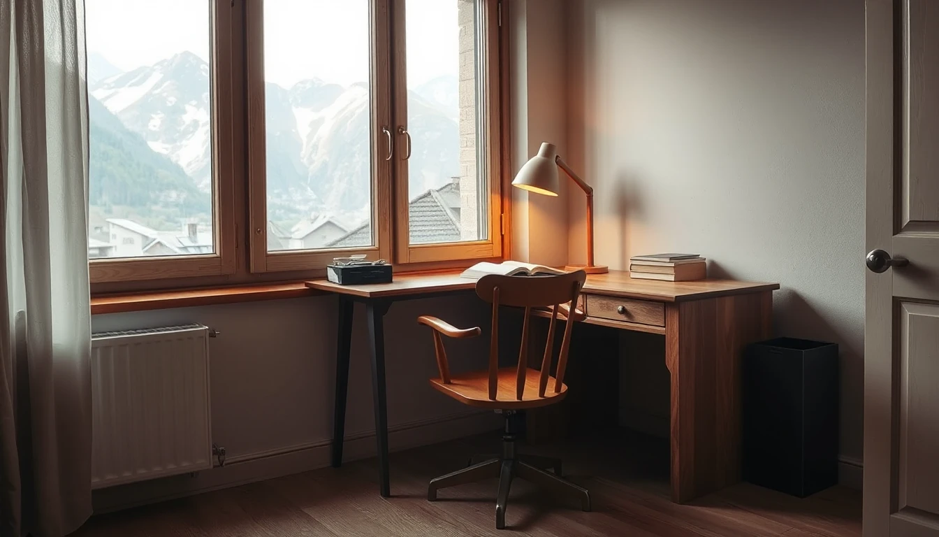 KI-Symbolbild: Ein Holzschreibtisch mit Stuhl und Leselampe steht vor einem Fenster mit Blick auf verschneite Berge.