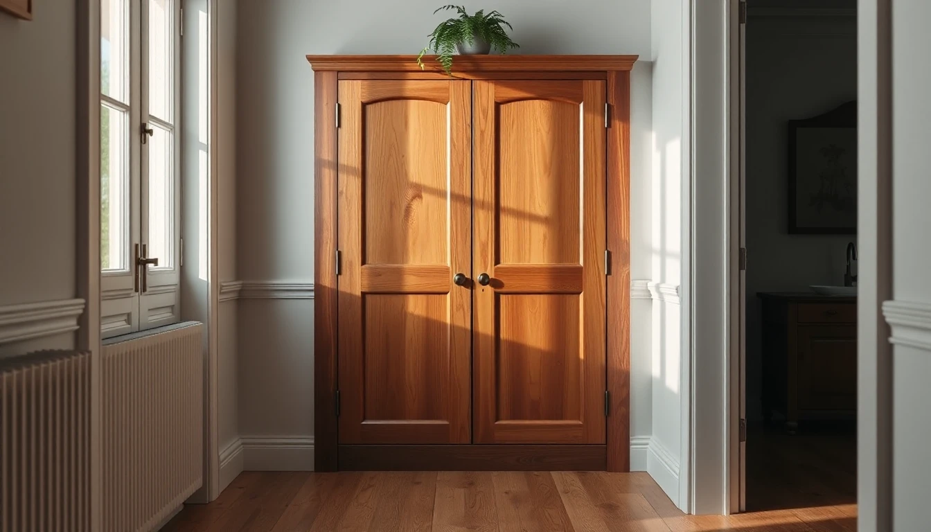 KI-Symbolbild: Ein geschlossener Holzschrank mit einem Farn darauf steht in einer Flurnische, Sonnenlicht fällt auf den Dielenboden.