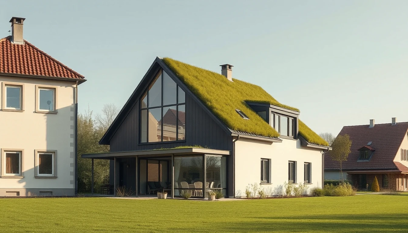 KI-Symbolbild: Modernes Haus mit begrüntem Dach und großen Glasflächen steht auf einer Wiese neben einem älteren Haus mit rotem Ziegeldach.