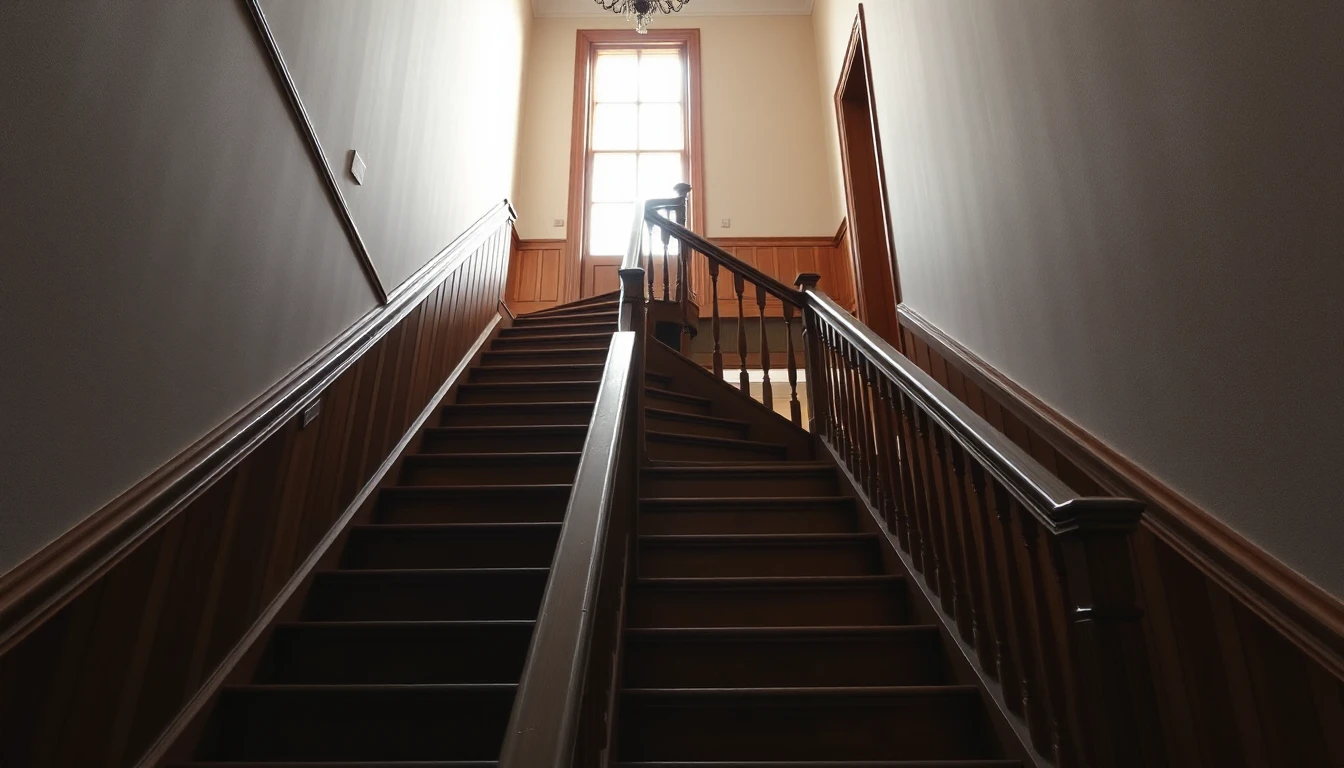 KI-Symbolbild: Eine Holztreppe mit gedrechseltem Geländer führt von unten zu einem hellen Podest mit hohem Fenster.