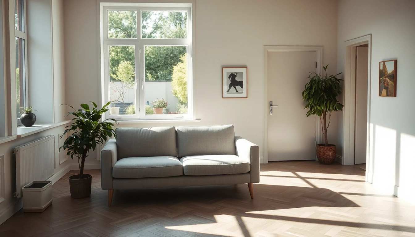 KI-Symbolbild: Ein heller, leerer Empfangsraum mit grauem Sofa, Zimmerpflanzen und Fenster zum grünen Garten.