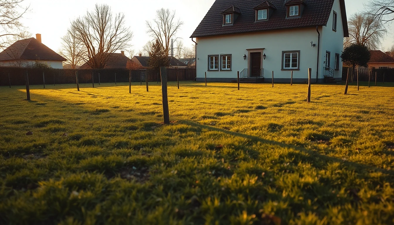 KI-Symbolbild: Eine große Rasenfläche mit alten Holzpfosten liegt hinter einem weißen Haus, die Abendsonne wirft lange Schatten.