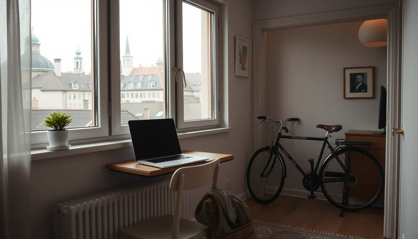 KI-Symbolbild: Ein kleiner Schreibtisch mit Laptop steht am Fenster mit Blick auf Altstadtdächer, im Flur lehnt ein Fahrrad.