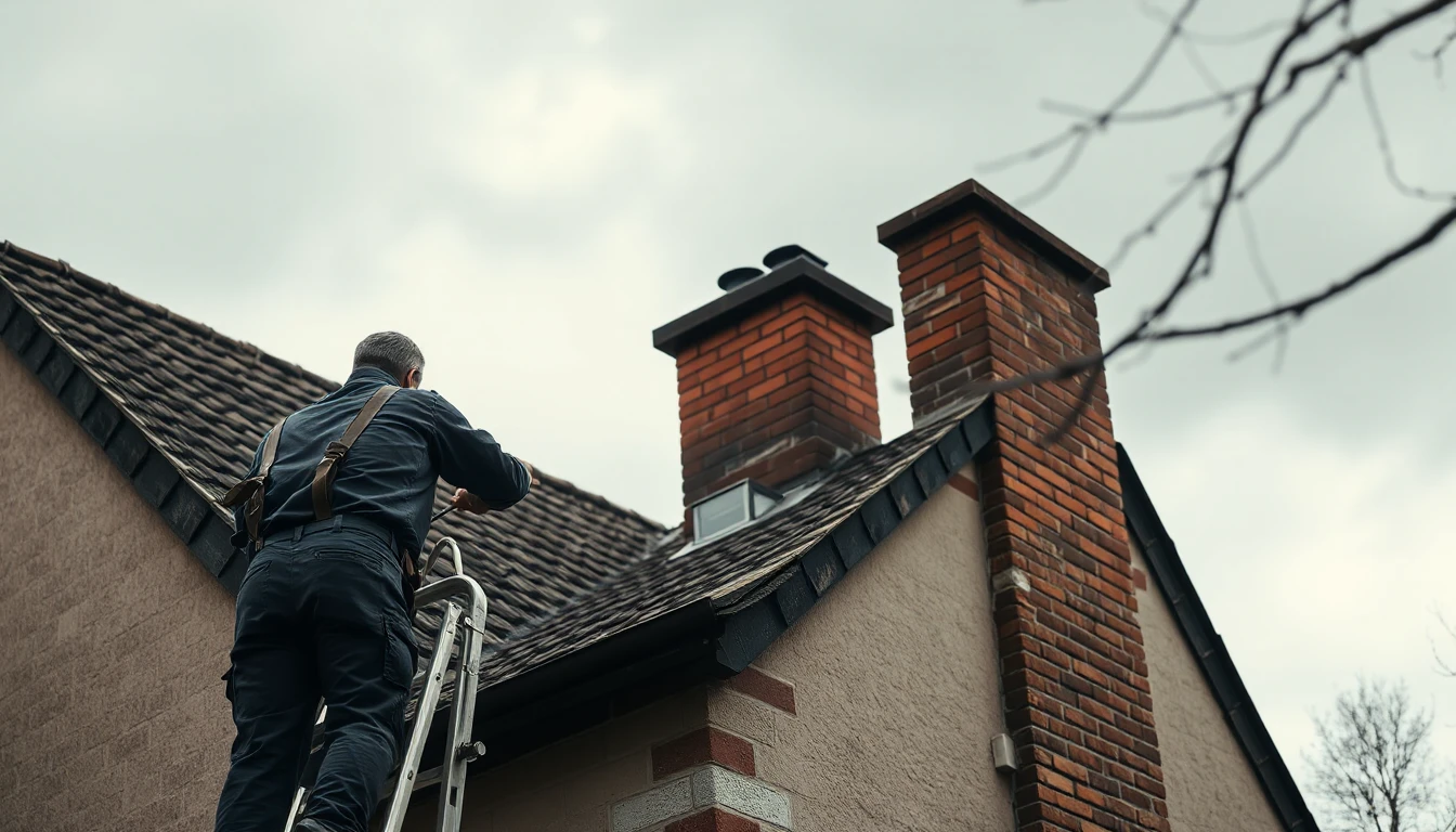 KI-Symbolbild: Ein Handwerker steht von hinten gesehen auf einer Leiter und prüft einen Backsteinkamin auf dem Dach.