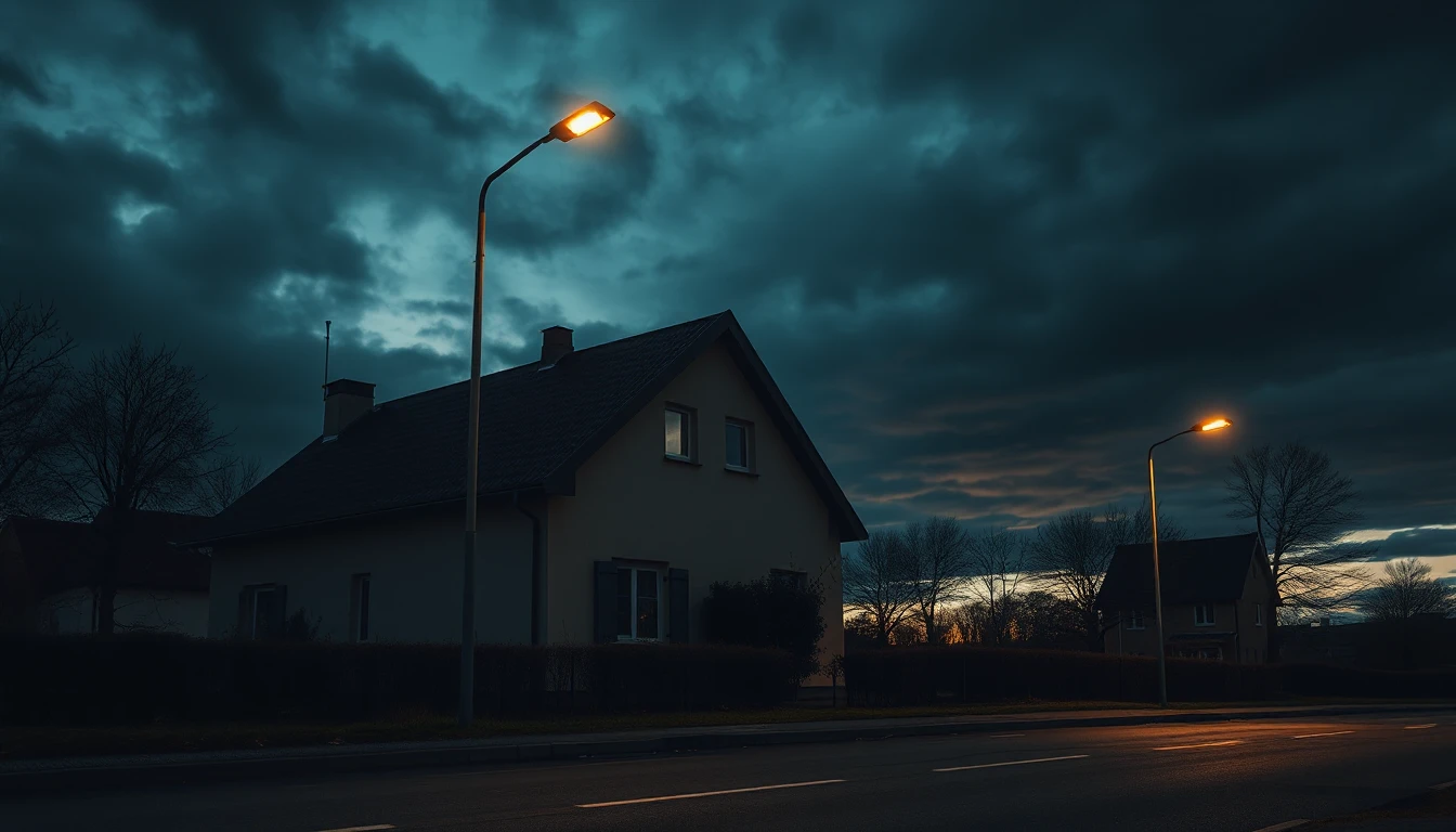 KI-Symbolbild: Ein Einfamilienhaus steht in der Dämmerung unter dunklen Wolken, davor leuchtet eine Straßenlaterne über dem leeren Gehweg.