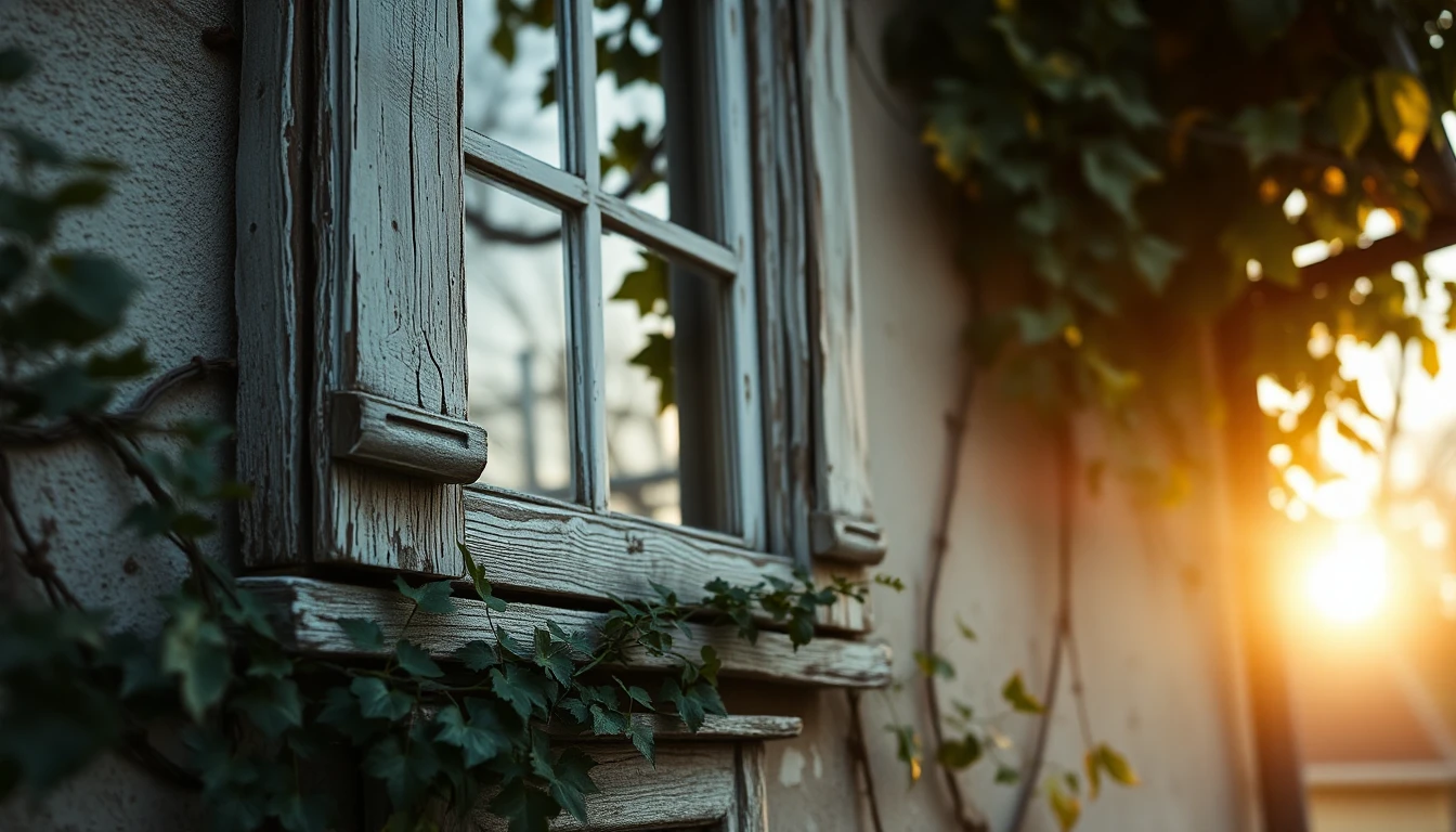 KI-Symbolbild: Ein verwitterter Holzfensterrahmen mit abblätternder Farbe ist von Efeu umrankt, tiefe Herbstsonne fällt ein.
