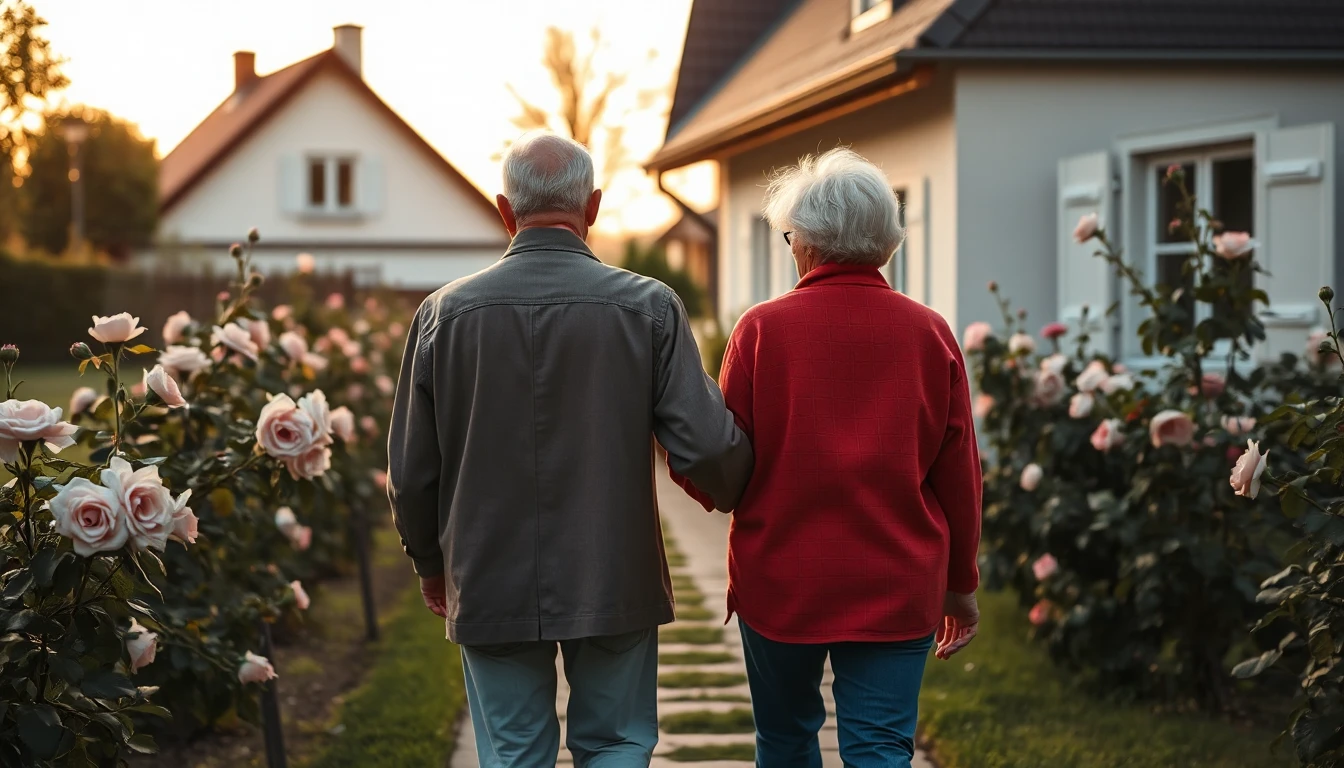 KI-Symbolbild: Ein älteres Paar geht von hinten gesehen Arm in Arm einen Gartenweg zwischen blühenden Rosen entlang.