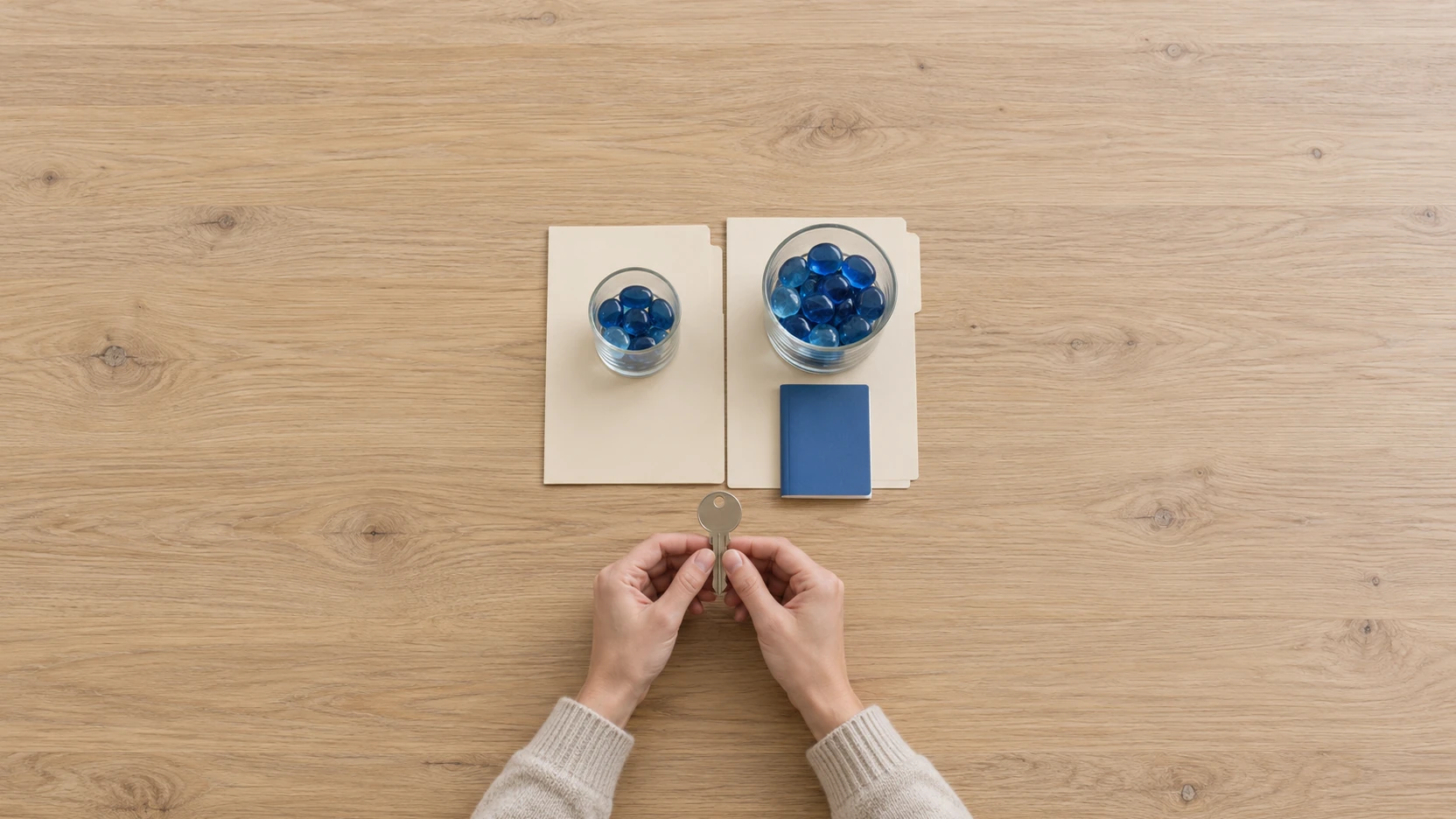 KI-Symbolbild: Zwei Kaufmappen mit unterschiedlich großen Glasreserven, einem zusätzlichen blauen Heft und einem Schlüssel in den Händen.