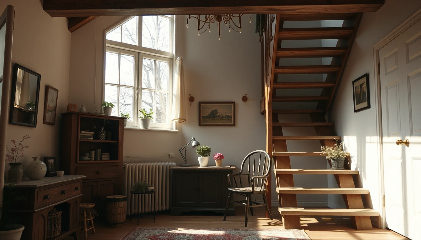 KI-Symbolbild: Ein gemütlich eingerichtetes Zimmer unter dem Dach mit Holztreppe, Sessel und großem Fenster im Tageslicht.