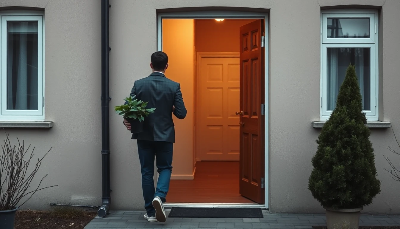 KI-Symbolbild: Eine Person trägt von hinten gesehen eine Topfpflanze durch die offene Haustür eines Hauses.
