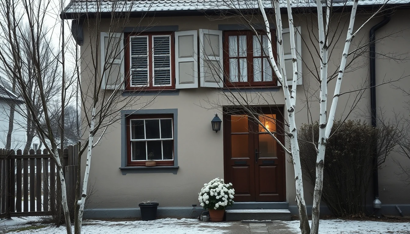 KI-Symbolbild: Ein ruhiges Haus im Spätwinter mit Fensterläden, vor der Tür steht ein Topf mit weißen Blumen, davor kahle Birken.