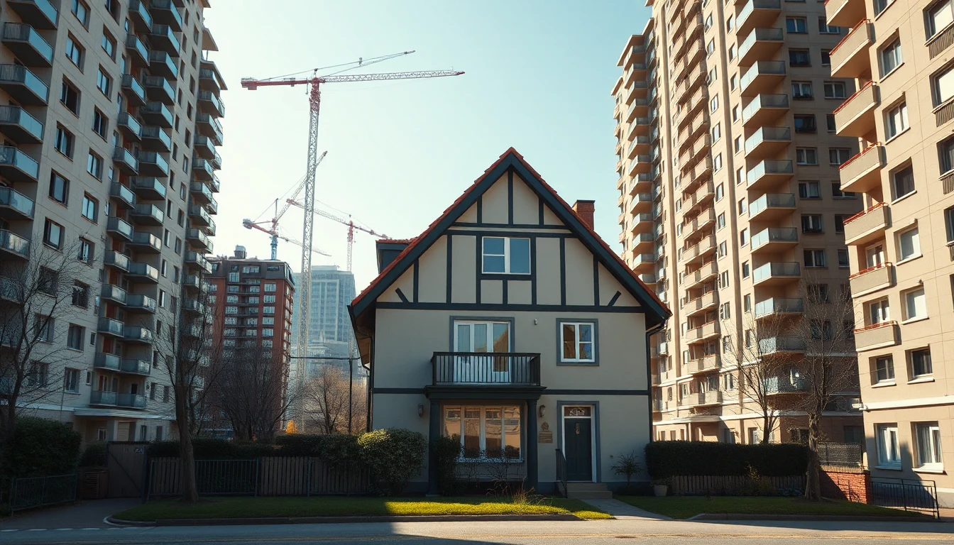 KI-Symbolbild: Eine Villa mit Fachwerkgiebel steht zwischen hohen neuen Wohnblöcken, dahinter ragen Baukräne auf.
