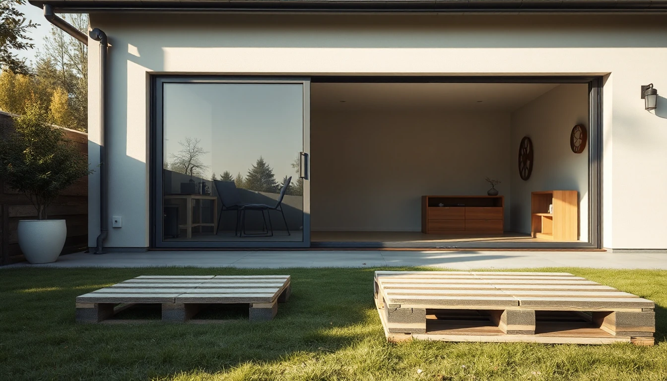 KI-Symbolbild: Ein neuer Anbau mit großer Glasschiebetür zum Garten, davor liegen übrige Holzpaletten auf dem Rasen.