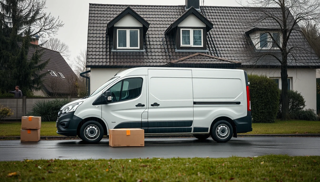 KI-Symbolbild: Ein weißer Transporter steht von der Seite gesehen vor einem Einfamilienhaus bei Regenwetter, daneben einige Umzugskartons.