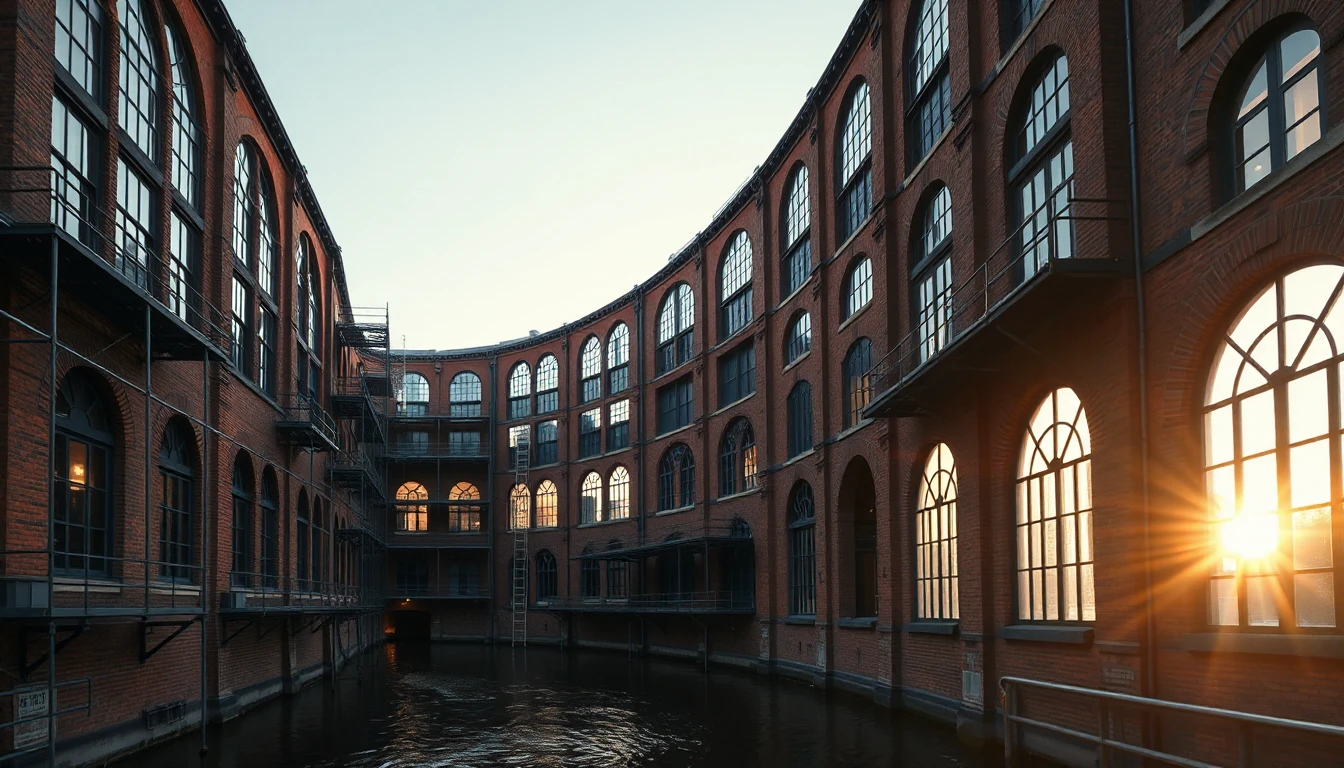 KI-Symbolbild: Ein umgebauter Backstein-Speicher mit großen Rundbogenfenstern und einem Gerüst an einer Seite spiegelt sich im Abendlicht in einem Kanal.