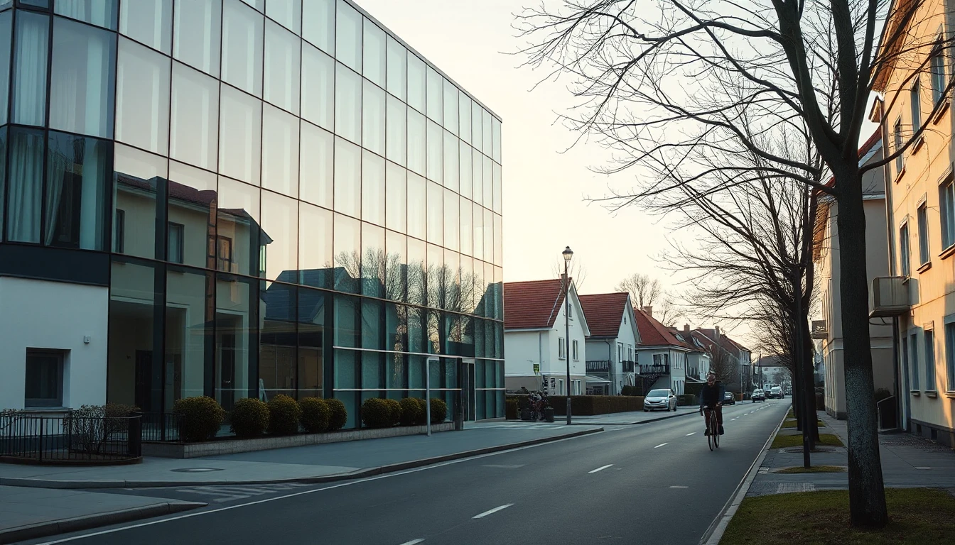 KI-Symbolbild: Ein schlichtes Bürogebäude mit Glasfassade steht an einer ruhigen Straße mit Wohnhäusern, in der Ferne fährt ein Radfahrer.